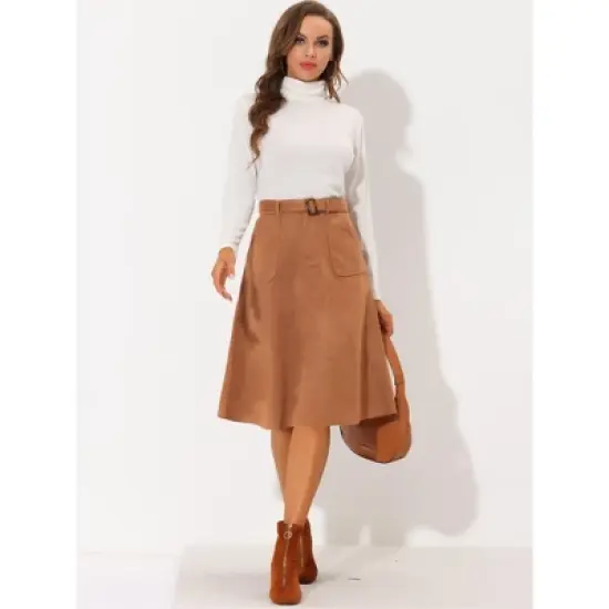 Allegra K Women's Casual Faux Suede Pockets Stretch A-line Midi Skirt with Belt image {1}
