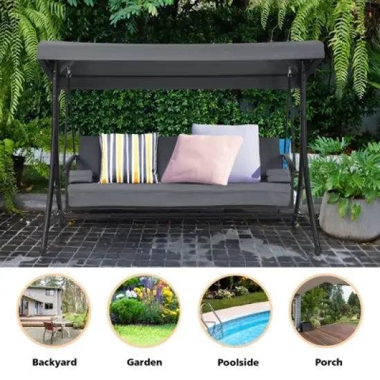 Costway Patio 3-Seat Porch Canopy Swing Converting Grey Cushion Pillow Adjust image {3}
