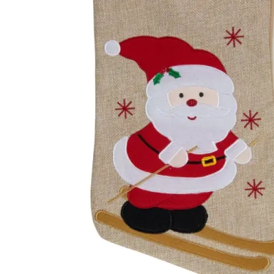 Northlight 19" Burlap Skiing Santa With Poles and Snowflakes Christmas Stocking image {2}