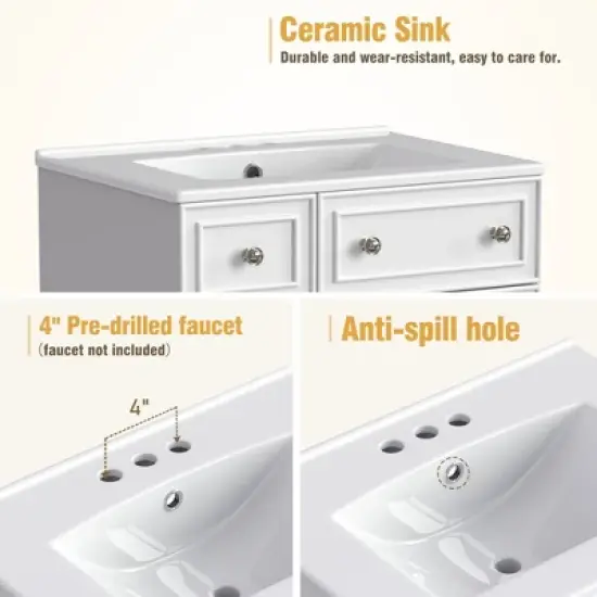 Mshliw 24" Bathroom Vanity with Ceramic Sink, 2 Drawers, Soft-Close Door, Freestanding Cabinet for Small Spaces, MDF and Wood image {10}
