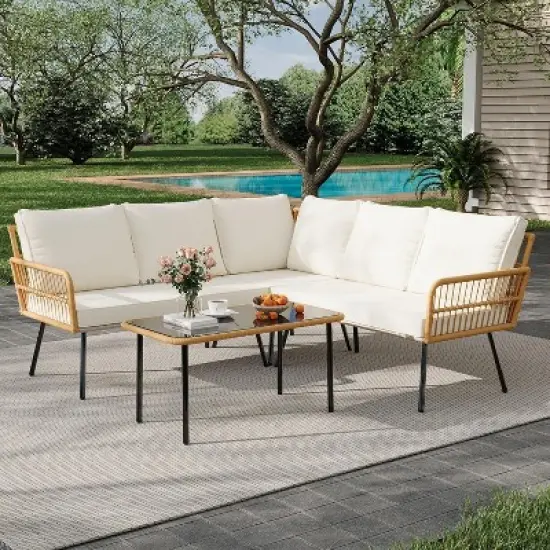 4 Pieces Outdoor Patio Furniture Set, All-Weather Wicker Rattan Sectional L-Shaped Set with Glass Top Coffee Table & Cushioned Chairs image {2}