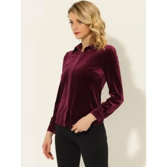 Allegra K Women's Button Down Blouse Solid Color Long Sleeve Velvet Work Shirt image {2}