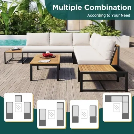 4-Piece Outdoor Patio Iron Sectional Sofa Set with Coffee Table and Side Storage Shelf image {1}