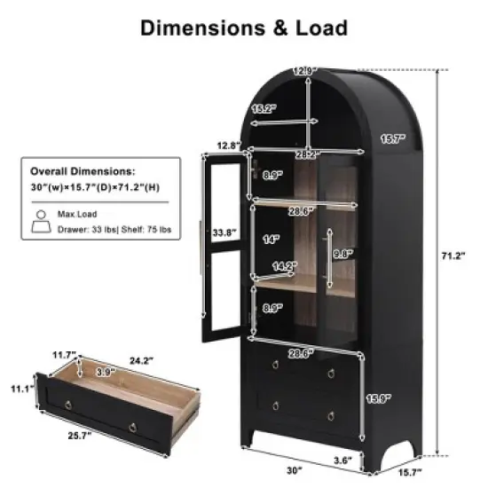 Rbied 71" Tall Arched Kitchen Pantry Cabinet Sideboard with 2 Drawer & Adjustable Shelves & Glass Door image {7}