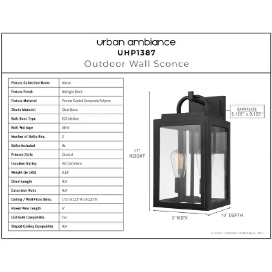 Urban Ambiance Luxury Farmhouse Outdoor Wall Sconce 17''H x 9''W,  Midnight Black Finish,  Macon Collection, UHP1387 image {3}