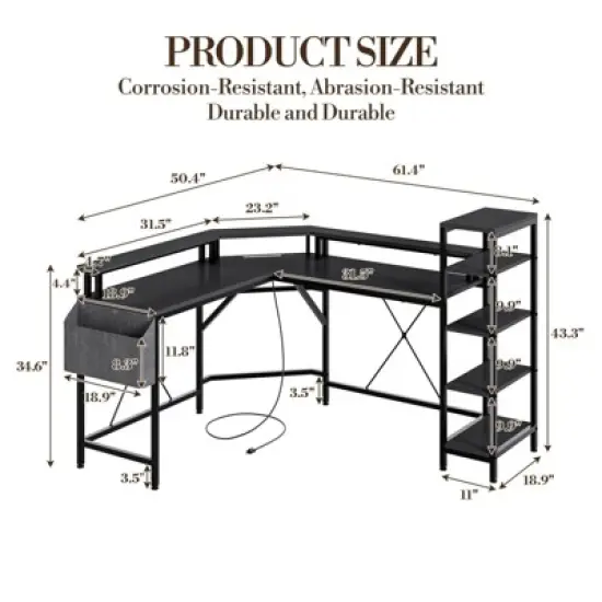61" L Shaped Gaming Desk, with Monitor Stand, L-Shaped Corner Computer Desks, Built-in LED Lights and Side Storage Pockets, for Small Spaces image {6}