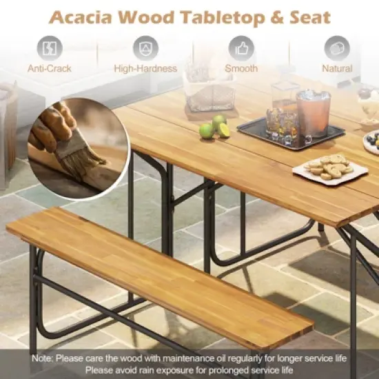 Tangkula 2PCS Table Bench Set for 2 Picnic Table & Loveseat w/Acacia Wood Top Metal Legs image {4}