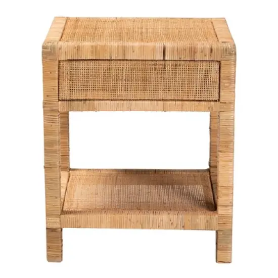 Adelia Natural Rattan & Mahogany 1 Drawer Nightstand with Shelf - Baxton Studio image {5}