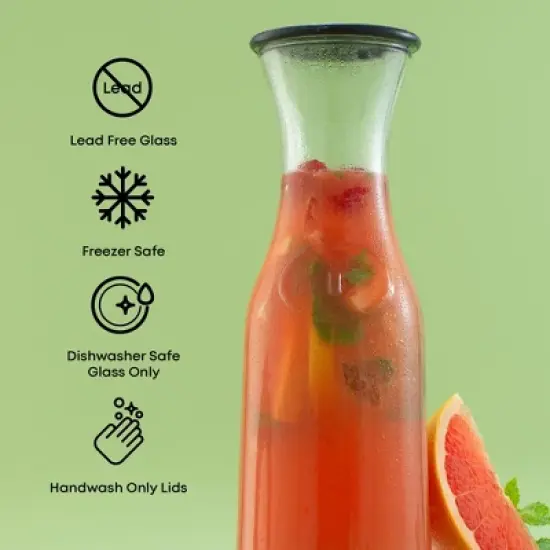 JoyJolt Hali Glass Carafe Bottle Water or Juice Pitcher with 6 Lids - 35 oz - Set of 4 image {3}