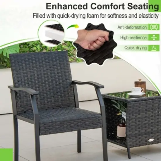 Costway 3 PCS Patio Conversation Set Wicker Chair Tempered Glass Table Cushioned Seat image {7}