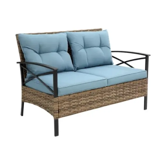 FIONECA 4-Piece Patio Sectional Low Dining Conversation Sofa Set, Rattan Wicker Outdoor Corner Furniture with Cushions image {4}