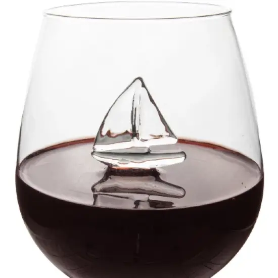 5 Star Super Deals Sail Boat Wine Glass w/ 3D Sailboat and Nautical Anchor Design - 2PC -  Unique Sea Themed Wine Stemware for Wine image {2}
