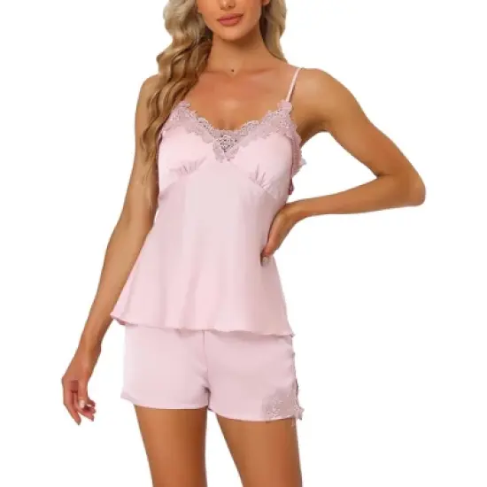 cheibear Womens Satin Lounge Lace Trim Cami Tops with Shorts Sleepwear Pajamas Sets image {5}