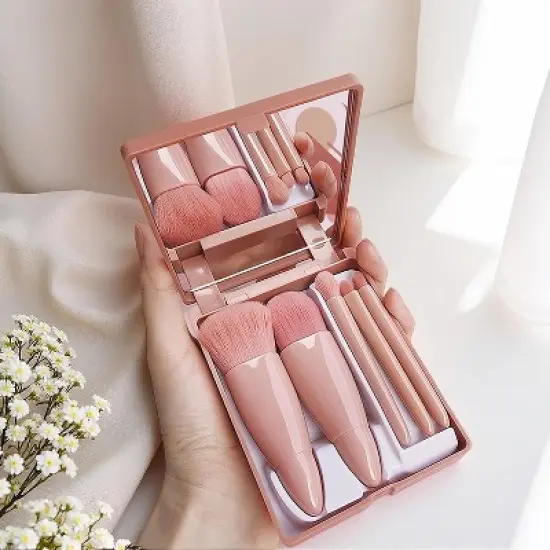 BABYYER 5-Piece Makeup Brush Set with Mirror & Travel Case Hypoallergenic Vegan Bristles for Sensitive Skin,for On-the-Go Touchups (Pink) image {7}