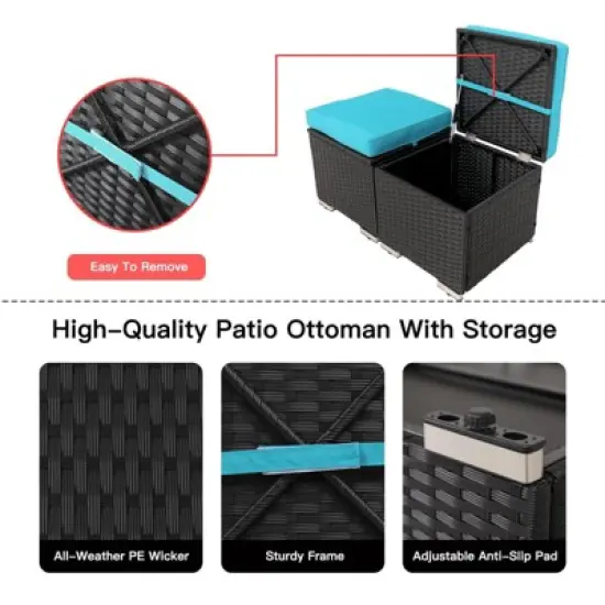 FIONECA All-Weather Outdoor Ottoman with Storage &uml;C PE Wicker Patio Footstool, Blue image {6}
