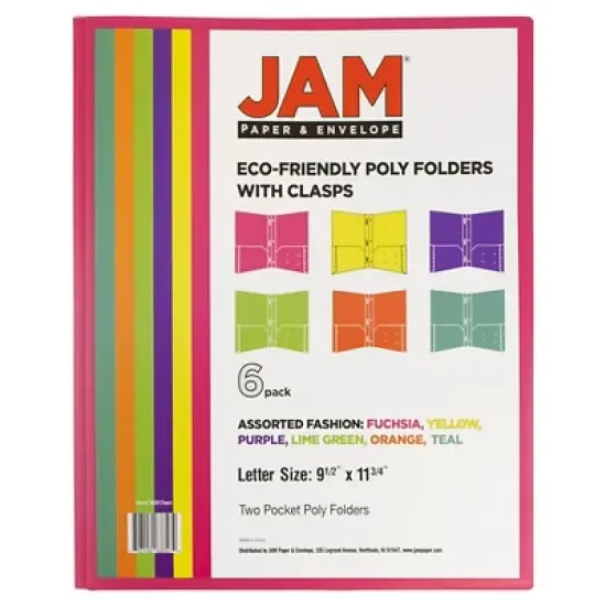 JAM 6pk POP 2 Pocket School Presentation Plastic Folders with Prong Fasteners Fashion Colors image {2}