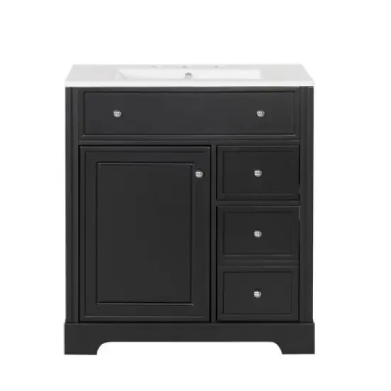 30" Bathroom Vanity with Ceramic Sink Top, Bathroom Storage Cabinet with Door & 2 Drawers, Solid Wood & MDF - ModernLuxe image {8}