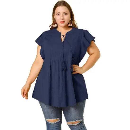 Agnes Orinda Women's Plus Size Flutter Sleeve Drawstring Flowy Summer Split V Neck Tunic Top image {7}
