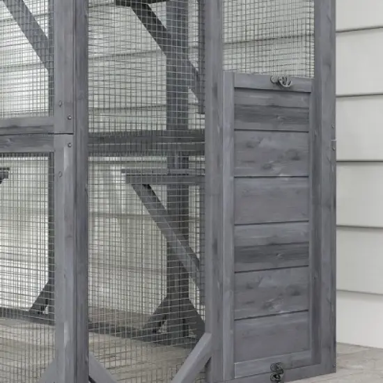 PawHut Catio Outdoor Cat Enclosure, Large Wooden Cat House with 6 Jumping Platforms, Weatherproof Roof, for 1-3 Cats, 59" x 28" x 60", Gray image {5}