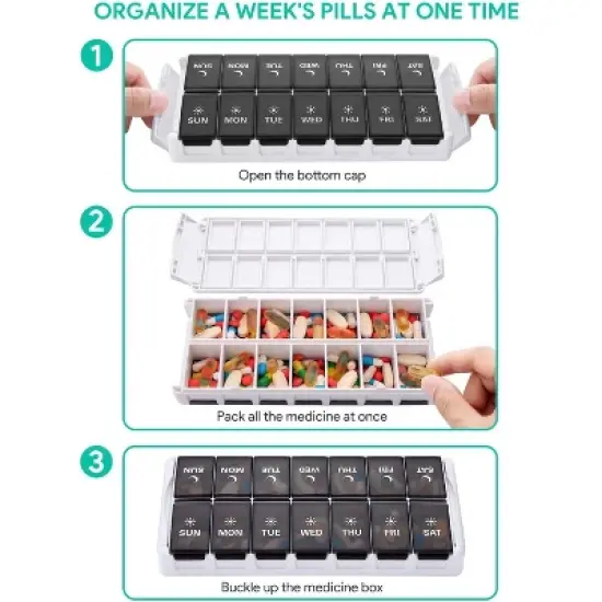 TookMag Weekly Medicine Pill Organizer Twice a Day, Easy Fill AM/PM Pill Box, Quick-Refill 7 Day Pill Cases for Vitamin,Fish Oil, Supplements, Black image {2}