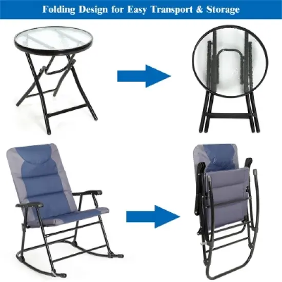 Costway 3PCS Folding Bistro Set Rocking Chair Cushioned Table Garden Blue image {7}