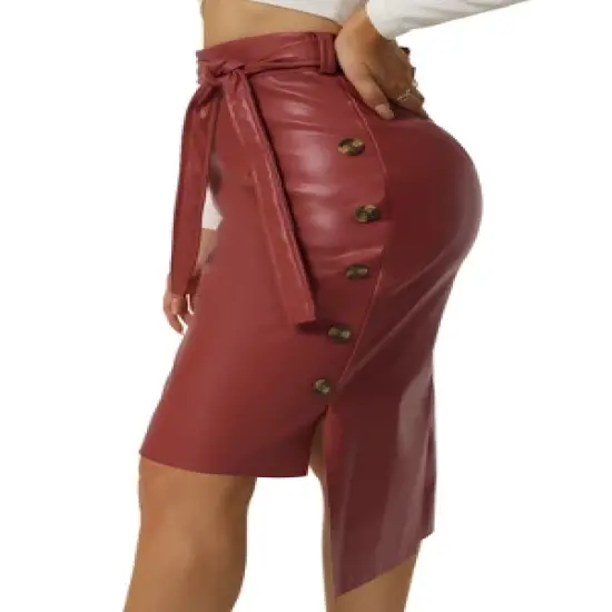 Seta T Womens' High Low Hem Belted High Waist Side Button Decor Leather Skirt image {6}
