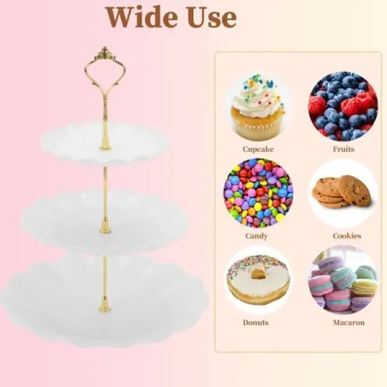 Unique Bargains 3 Tier Dessert Cupcake Stand Round Cup Cake Holder Tower White Gold Tone image {4}
