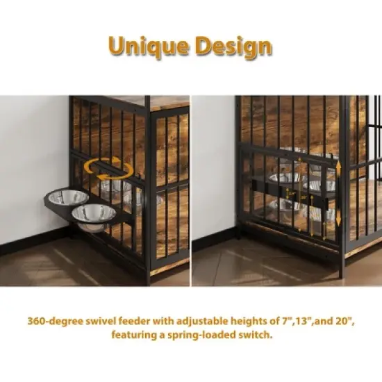 Furniture Style Large Dog Crate with 360&deg; & Adjustable Raised Feeder for Dogs 2 Stainless Steel Bowls -End Table House Pad image {8}