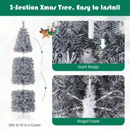 Costway 7 FT Pre-Lit Christmas Tree Hinged Slim Pencil w/ 350 LED Lights 670 Branch Tips image {7}