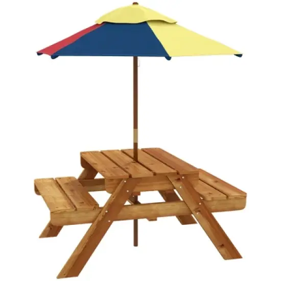 Outsunny Kids Picnic Table, 3 in 1 Sand and Water Activity Table w/ Foldable Umbrella, 2 Play Boxes, Removable Top, Aged 3-6 Years Old, Teak image {3}