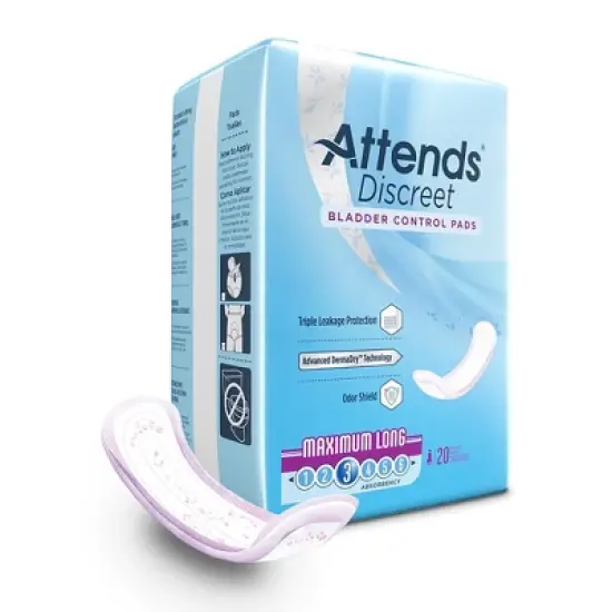 Attends Discreet Bladder Control Pads, Moderate Absorbency, 14.5 in, 20 Count, 10 Packs, 200 Total image {1}