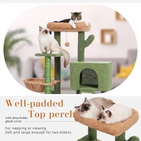 DOMETOUR 41"H Cactus Cat Tree Cat Tower, Cat Climbing Frame with Sisal Scratching Post, Cat Condo, Plush Perch, Hammock, Dangling Ball image {3}