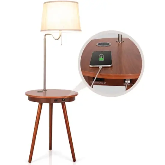 Costway End Table Lamp Bedside Nightstand Lighting with Wireless Charger Natural\Coffee image {10}