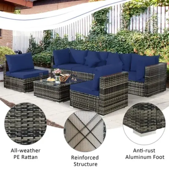 Costway 7PCS Patio Rattan Furniture Set Sectional Sofa Garden Navy Cushion image {7}