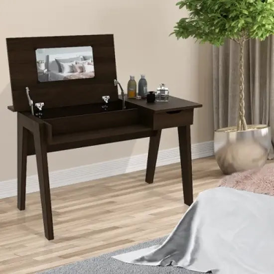 Costway Vanity Table with Flip Mirror Writing Computer Desk Storage Drawer Walnut image {2}