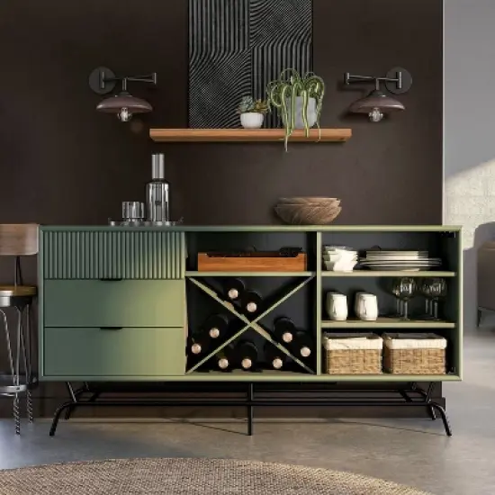 miBasics Heath 60" Modern Buffet with Wine Cabinet Sage Green: Freestanding Storage, 4 Shelves, 3 Drawers image {4}