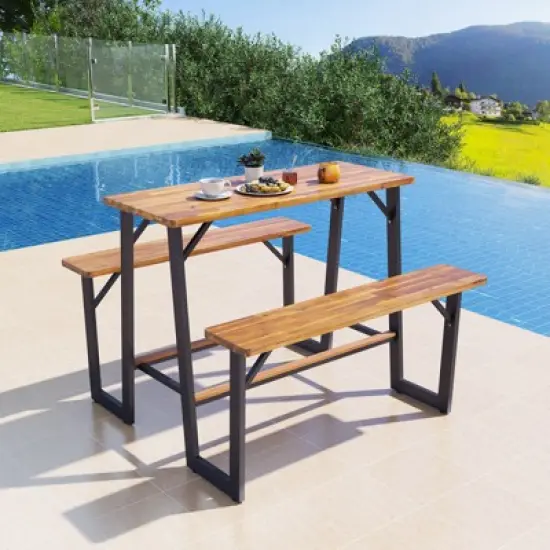 Tangkula Acacia Wood Picnic Table 4-Person Outdoor Table and Bench Set with 2 Built-in Benches Footrests Umbrella Hole Heavy-Duty Metal Frame image {1}