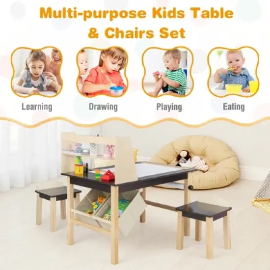 Costway Kids Art Table & Chairs Set Wooden Drawing Desk with Paper Roll Storage Shelf Bins image {6}