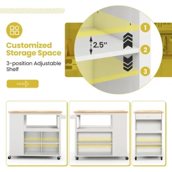 Costway Kitchen Island Trolley Cart on Wheels with Storage Open Shelves & Drawer White/Brown image {6}