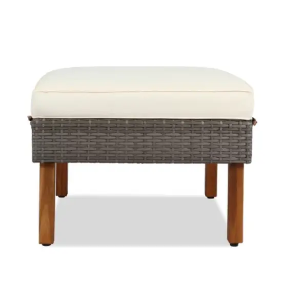 FIONECA 9-Piece Outdoor Patio Rattan Furniture Set with Acacia Wood Legs & Tabletop, PE Rattan Sectional Sofa & Coffee Table, Beige Cushions image {10}