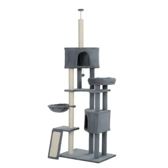 GustoWave Cat Tree House for Indoor, 105" Tall Cat Tower Multi-Level Cat Condo with 3 Perches 2 Caves Basket Scratching Board Supplies, Gray image {4}