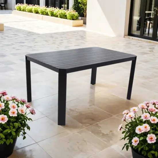DOMETOUR Modern Outdoor Aluminum Table with Alternating Wide and Narrow Slats, Angled Corners, 2" Big Umbrella Hole, and Adjustable Non-Slip Pads image {4}