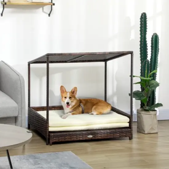 PawHut Wicker Dog House Elevated Raised Rattan Bed for Indoor/Outdoor with Removable Cushion Lounge image {1}