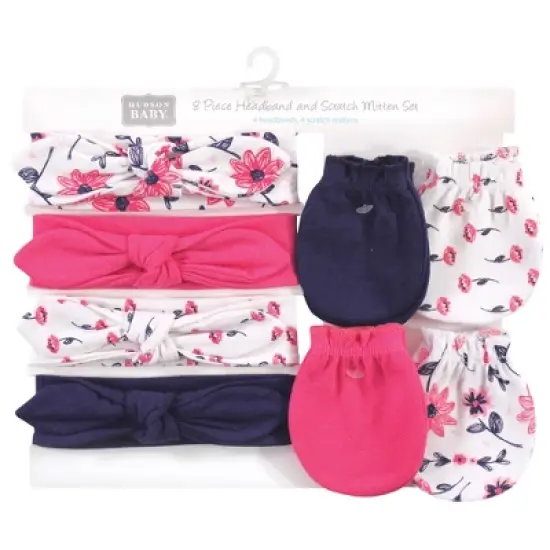 Hudson Baby Infant Girl Cotton Headband and Scratch Mitten Set, Botanical, 0-6 Months image {1}
