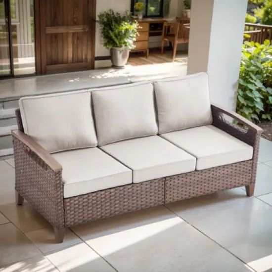 Belord Outdoor Sofa Patio Couch, All Weather Brown Wicker 3-Seater Outdoor Furniture Sofa with Dark Brown Hand-Brushed Arms & Comfort 4" Cushion image {10}