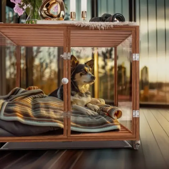 Artloge Modern Extra Large Heavy Duty Dog Crate Tempered Glass Brown Pet Cage with Anti-Rust Aluminum Frame Lockable Casters & Spacious Interior,XL image {3}