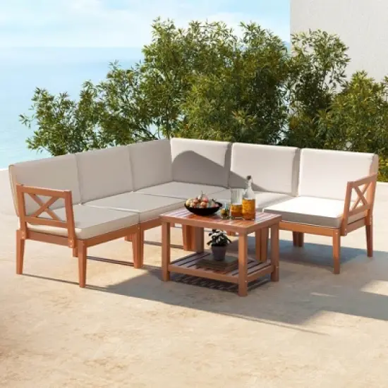 Costway 6 PCS Acacia Wood Patio Furniture Set with Cushions and 2-Tier Coffee Table image {4}
