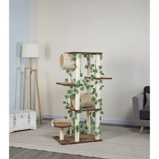 Go Pet Club 56" Forest Cat Tree House Furniture with Leaves F2094 - Beige/Brown image {1}