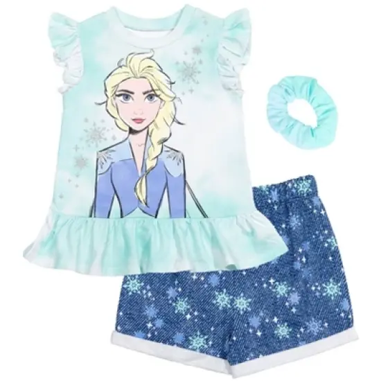 Disney Frozen Minnie Mouse Little Mermaid Elsa Princess Anna Peplum T-Shirt Shorts & Scrunchie 3 Pc Set Infant to Big Kid image {13}
