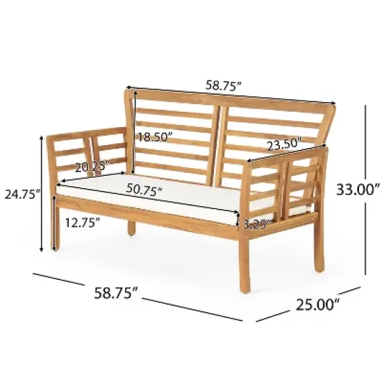 Christopher Knight Home Caydon Outdoor Acacia Wood Loveseat with Cushions, Brown/Cream image {2}